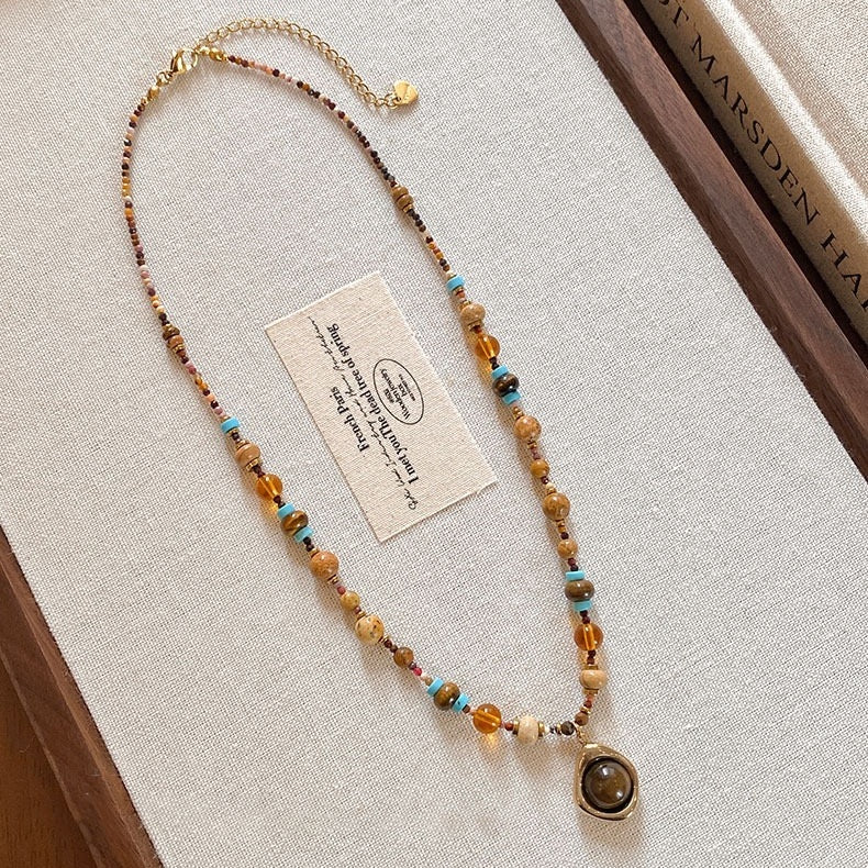 Tiger's Eye Pendant Necklace with Natural Stone Beads