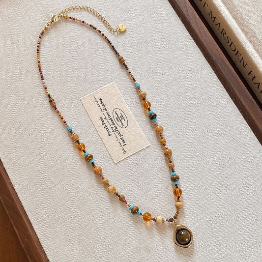 Tiger's Eye Pendant Necklace with Natural Stone Beads