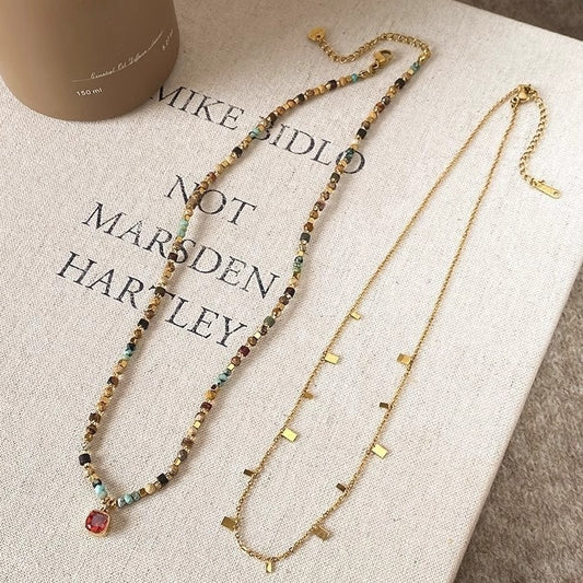 Natural Stone + Small Square Stackable Necklace