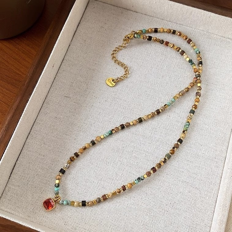 Natural Stone + Small Square Stackable Necklace