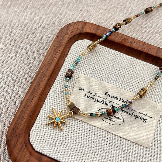 Titanium Steel Eight-Pointed Star Natural Stone Beaded Necklace