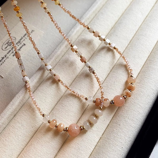 Titanium Steel Mixed-Color Natural Stone & Rose Quartz Necklace