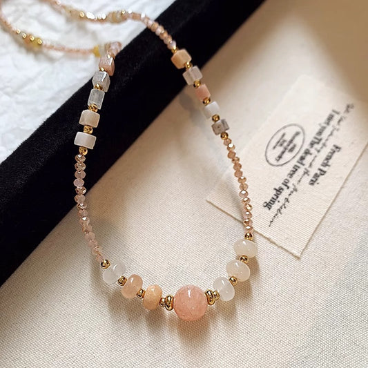 Titanium Steel Mixed-Color Natural Stone & Rose Quartz Necklace