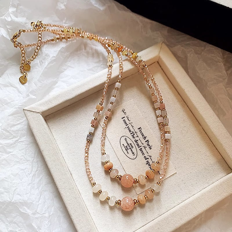 Titanium Steel Mixed-Color Natural Stone & Rose Quartz Necklace