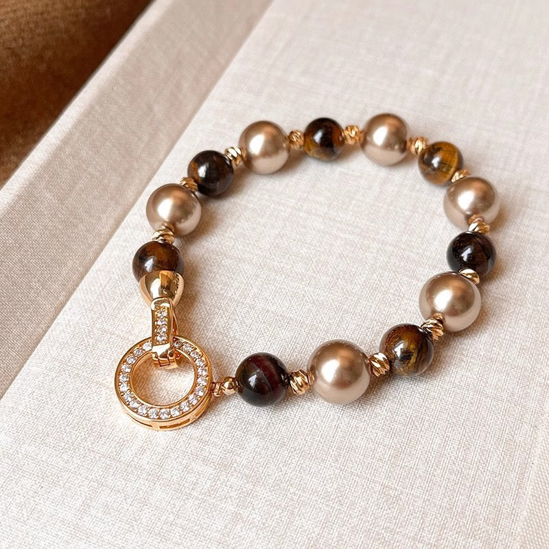 Tiger's Eye Stone & Imitation Pearl Round Ring Clasp Bracelet