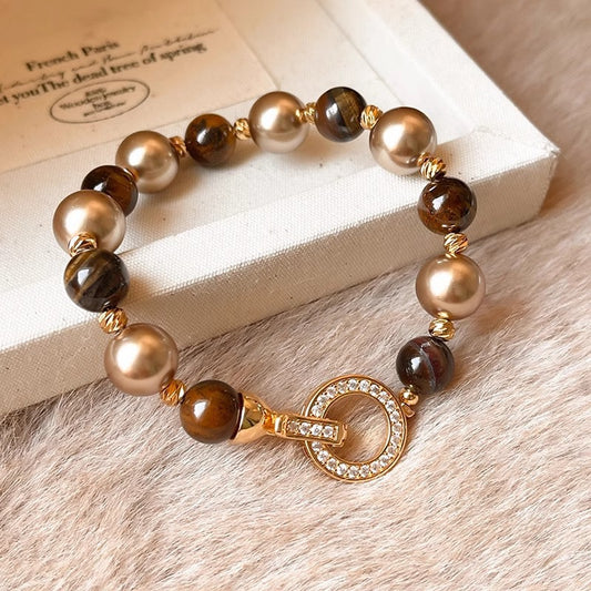 Tiger's Eye Stone & Imitation Pearl Round Ring Clasp Bracelet