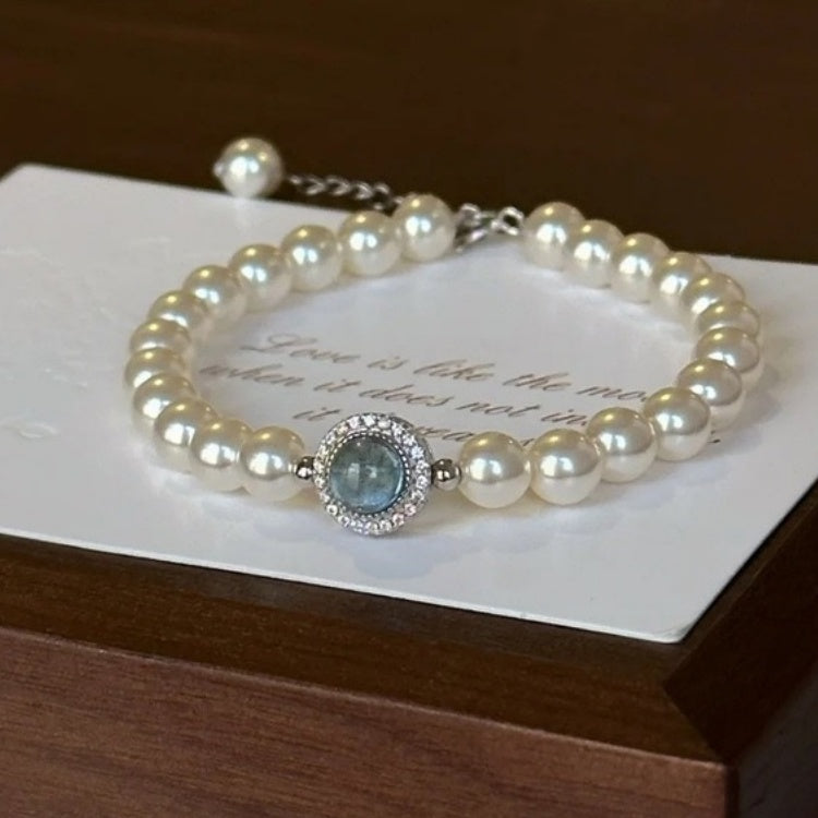 S925 Sterling Silver Aquamarine & Imitation Pearl Bracelet