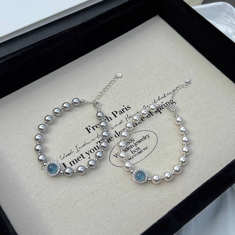 S925 Sterling Silver Aquamarine & Imitation Pearl Bracelet