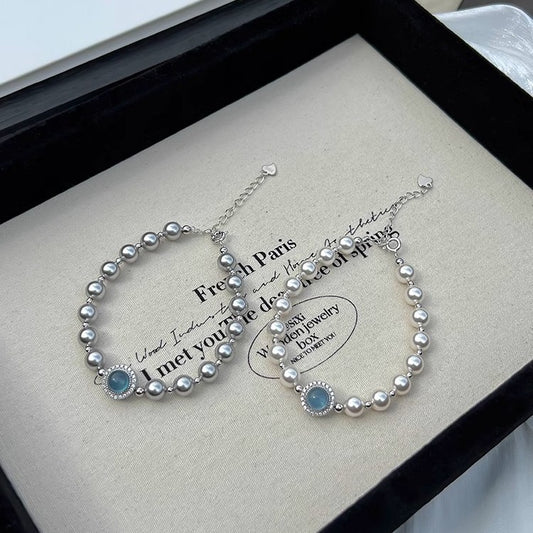 S925 Sterling Silver Aquamarine & Imitation Pearl Bracelet
