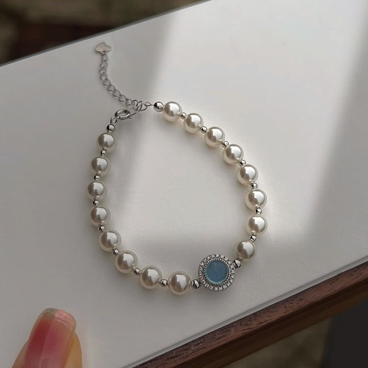 S925 Sterling Silver Aquamarine & Imitation Pearl Bracelet