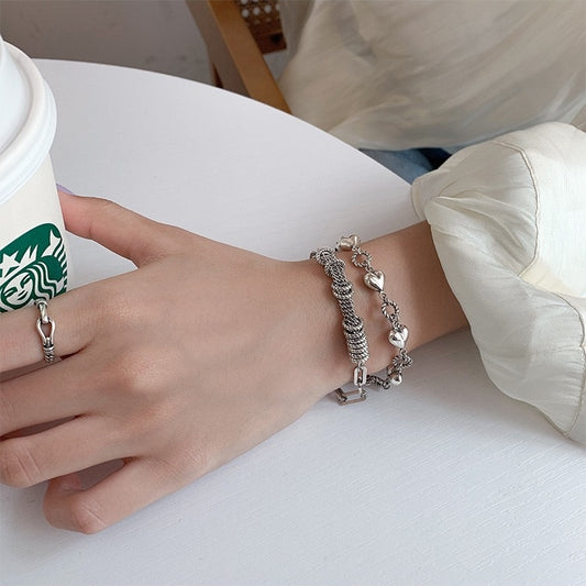 Round Ring + Heart Stacked Alloy Bracelets