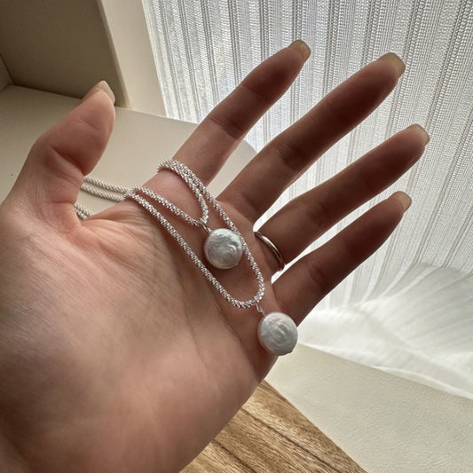 S925 Sterling Silver Baroque Button Pearl Necklace