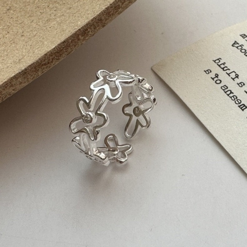 S925 Sterling Silver Floral Openwork Open Ring