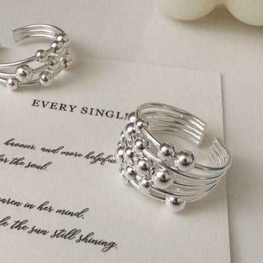 S925 Sterling Silver Multi-Layer Beaded Line Open Ring