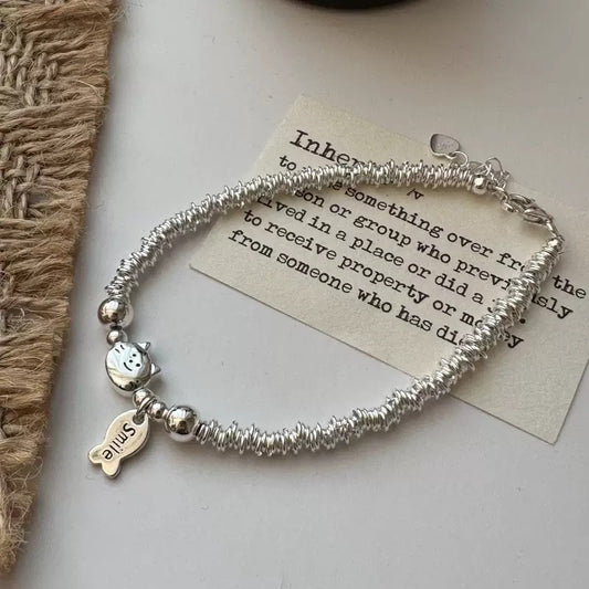 S925 Sterling Silver Cat & Fish Beaded Bracelet