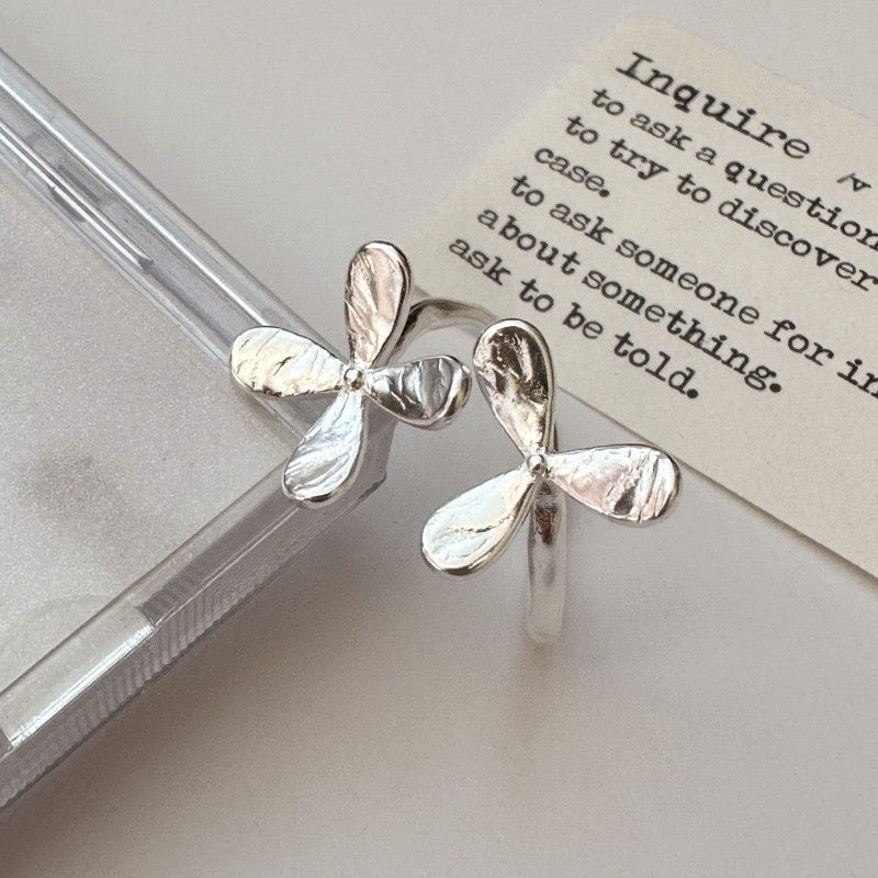 S925 Sterling Silver Two Little Flowers Open Ring