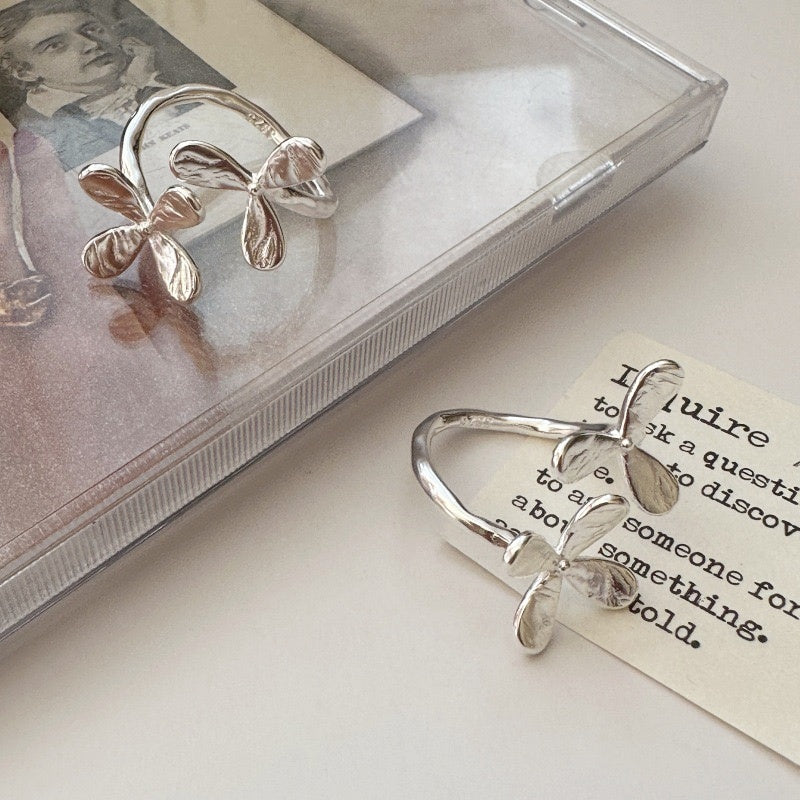 S925 Sterling Silver Two Little Flowers Open Ring