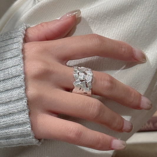 S925 Sterling Silver Matte Line-Linked Open Ring