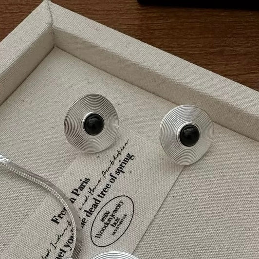 S925 Sterling Silver Black Onyx Earrings with Circular Patterns