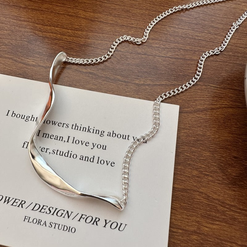 S925 Sterling Silver Large Wave Pendant Necklace