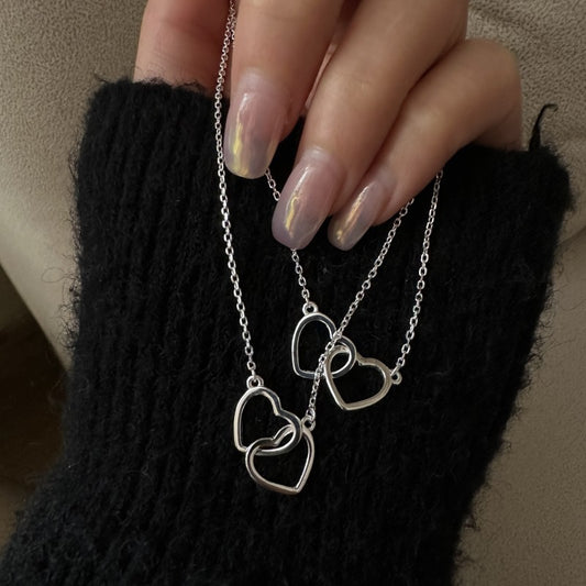 S925 Sterling Silver Double Heart Nested Pendant Necklace