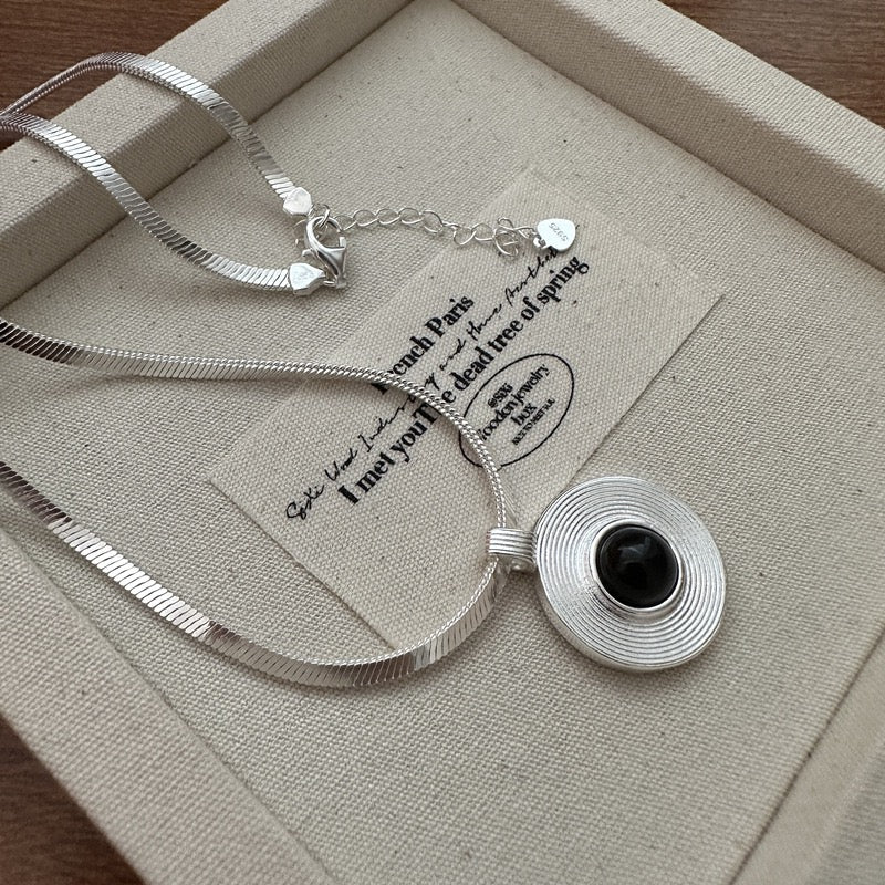 S925 Sterling Silver Black Onyx Hoop Pendant Necklace