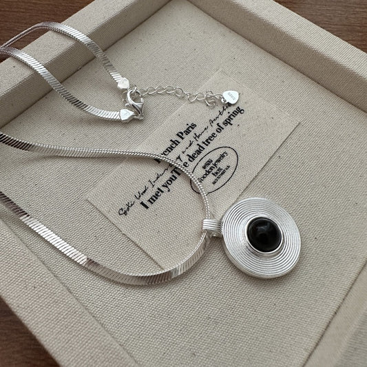 S925 Sterling Silver Black Onyx Hoop Pendant Necklace