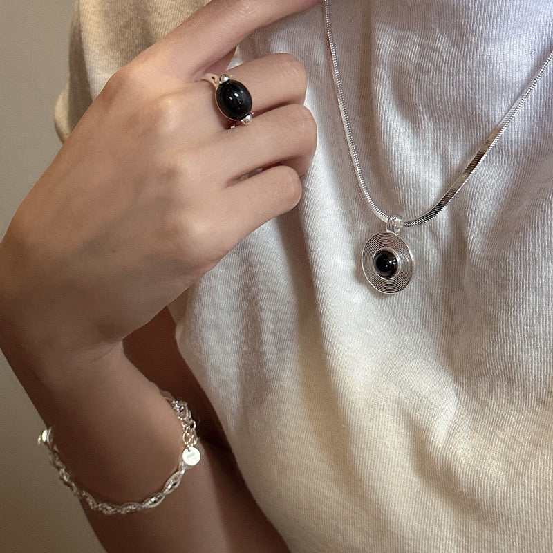 S925 Sterling Silver Black Onyx Hoop Pendant Necklace