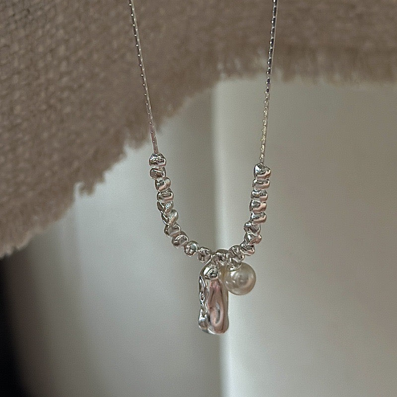 S925 Sterling Silver Small Silver Bar + Pearl Pendant Necklace