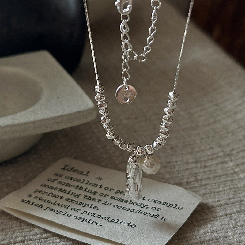 S925 Sterling Silver Small Silver Bar + Pearl Pendant Necklace