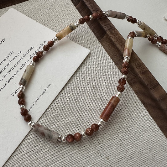 S925 Sterling Silver Maillard-Style Natural Stone Beaded Necklace