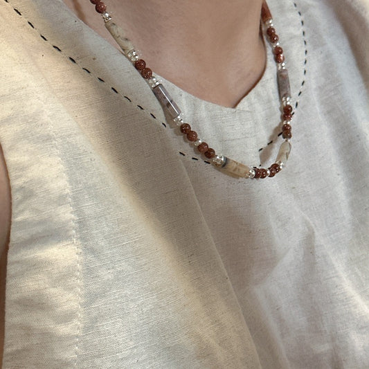 S925 Sterling Silver Maillard-Style Natural Stone Beaded Necklace