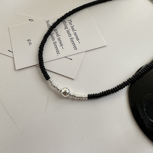 S925 Sterling Silver Black Onyx Round Bead String Necklace