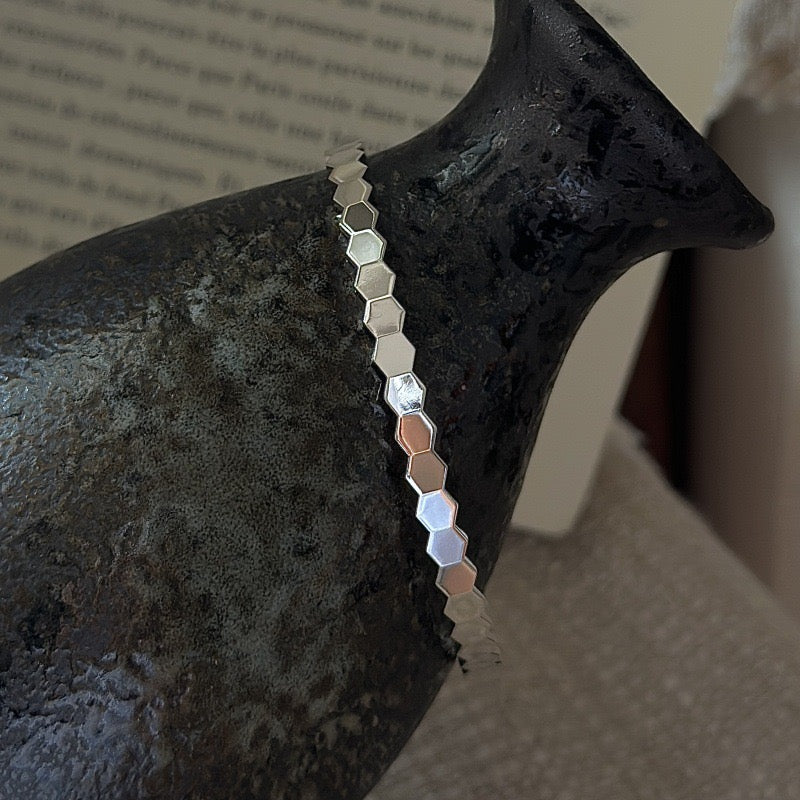 S925 Sterling Silver Hexagonal Patchwork Shimmering Bangle