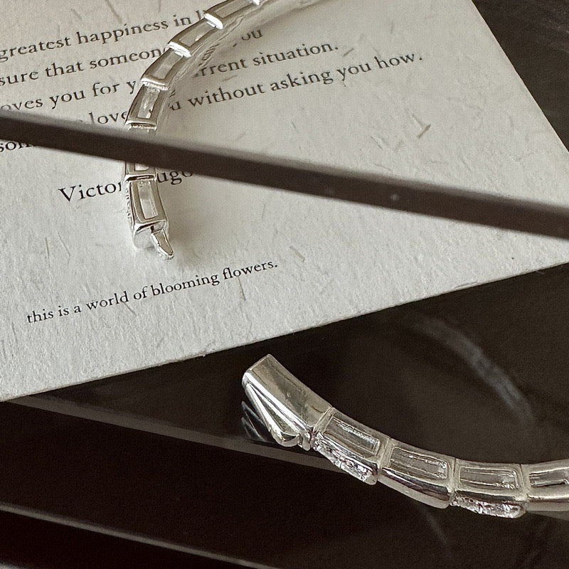 S925 Sterling Silver Bamboo-Joint Patchwork Zircon-Inlaid Bangle