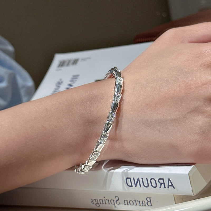 S925 Sterling Silver Bamboo-Joint Patchwork Zircon-Inlaid Bangle