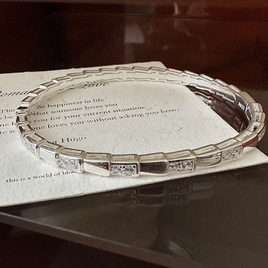 S925 Sterling Silver Bamboo-Joint Patchwork Zircon-Inlaid Bangle