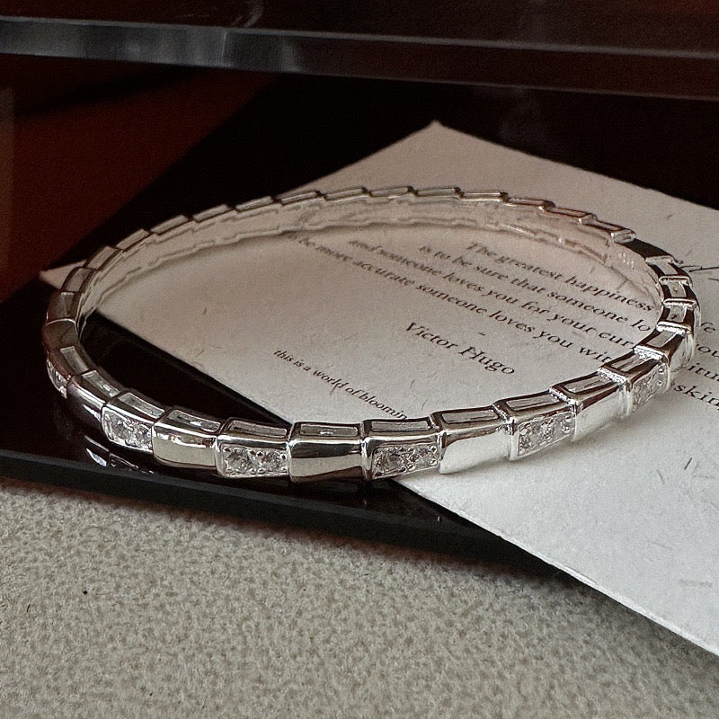 S925 Sterling Silver Bamboo-Joint Patchwork Zircon-Inlaid Bangle