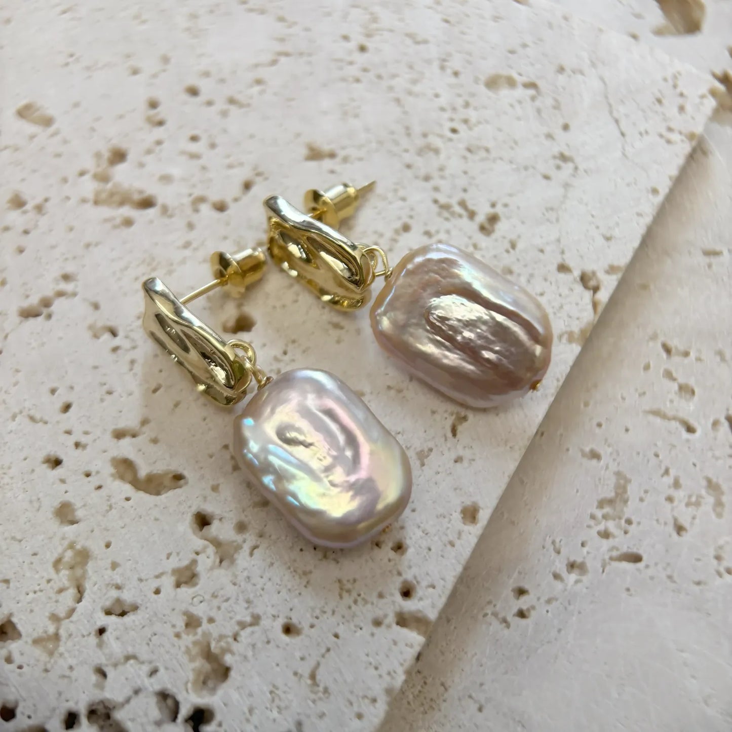 Natural Square-Shaped Pinkish-Purple Baroque Pearl Earrings