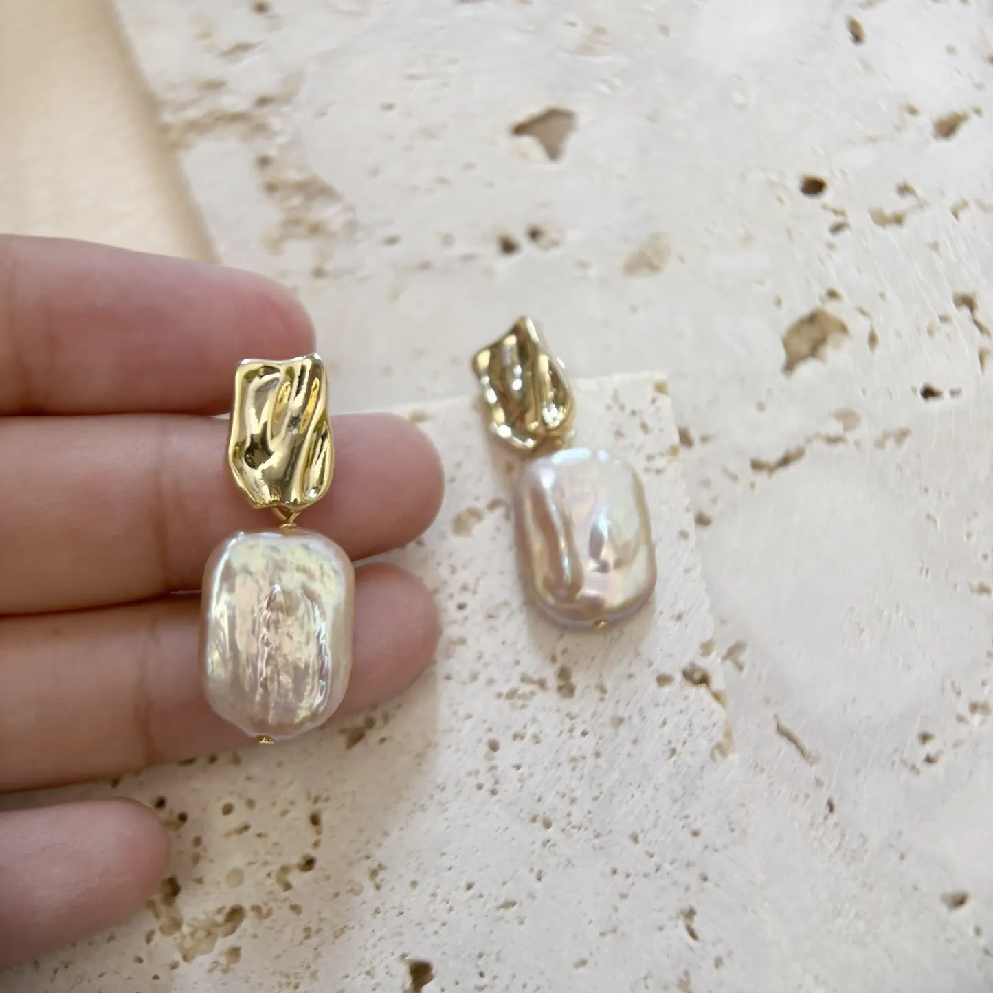 Natural Square-Shaped Pinkish-Purple Baroque Pearl Earrings