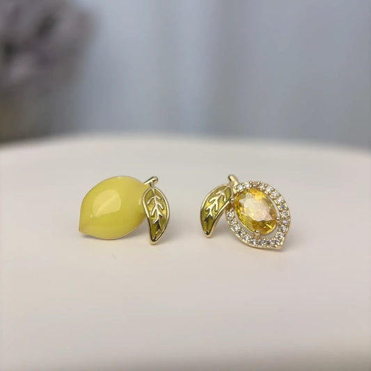 Enamel Dripped Oil Asymmetric Zircon Lemon Earrings