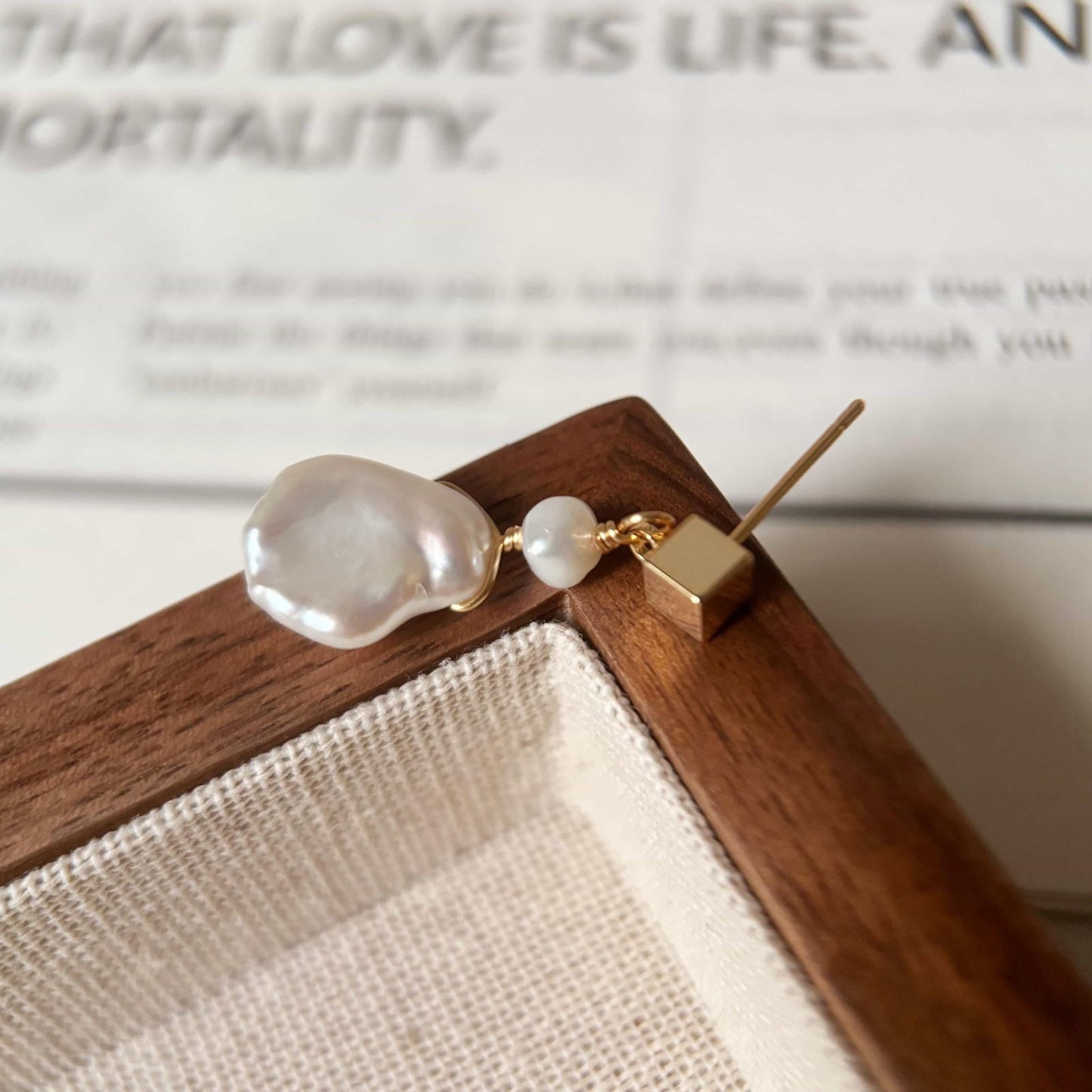Small Square Crushed Silver + Baroque Pearl Earrings
