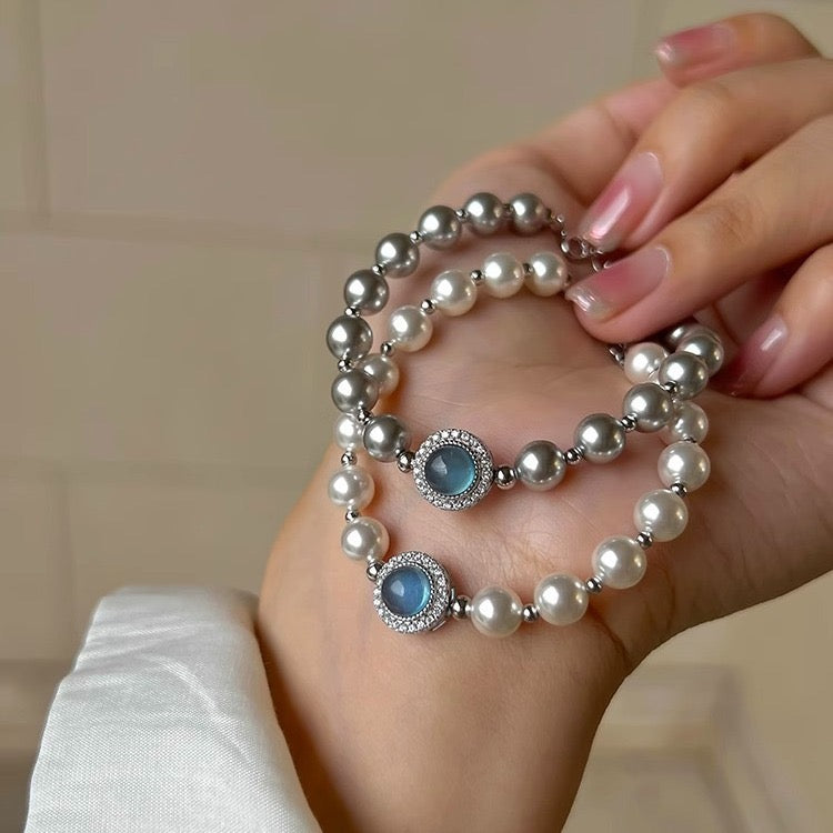 S925 Sterling Silver Aquamarine & Imitation Pearl Bracelet