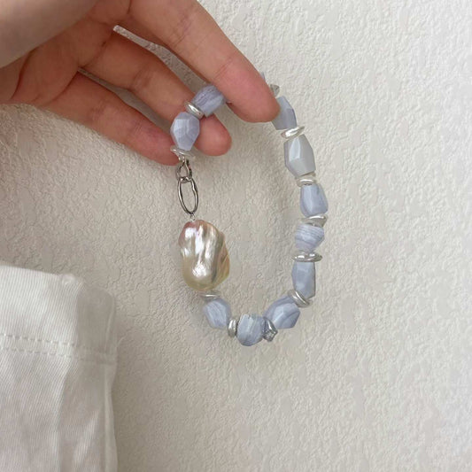 NATURAL BLUE LACE AGATE PEARL BRACELET