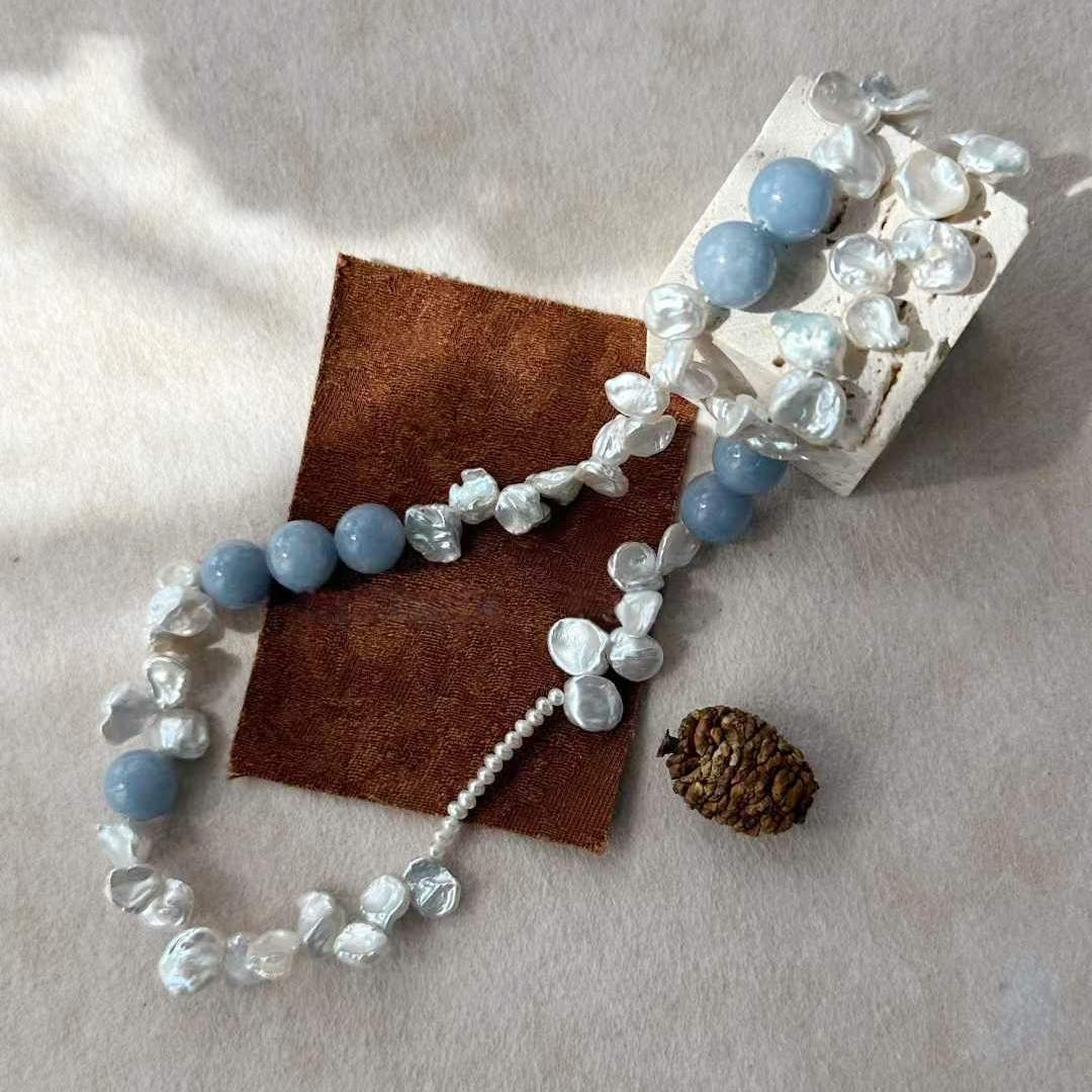 PETAL BAROQUE PEARL NECKLACE WITH PERUVIAN BLUE STONE