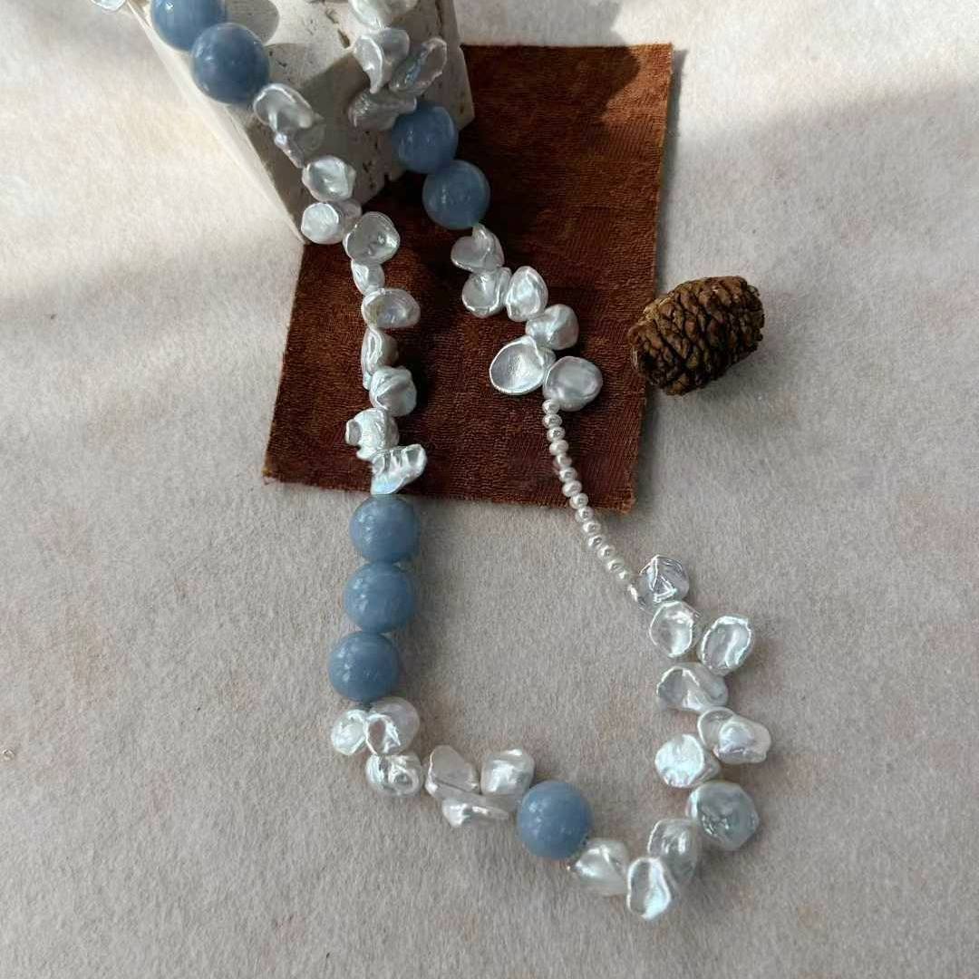 PETAL BAROQUE PEARL NECKLACE WITH PERUVIAN BLUE STONE