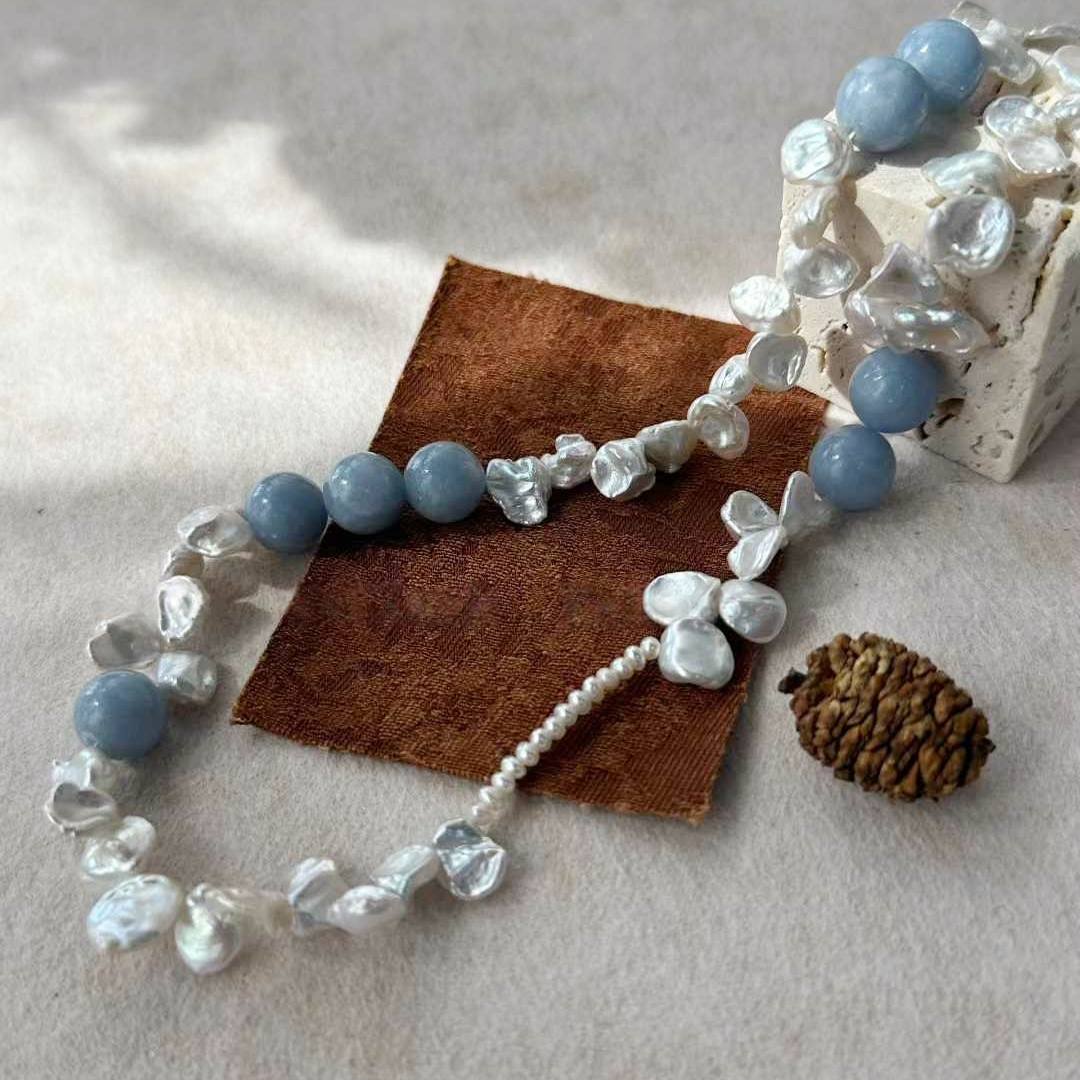 PETAL BAROQUE PEARL NECKLACE WITH PERUVIAN BLUE STONE
