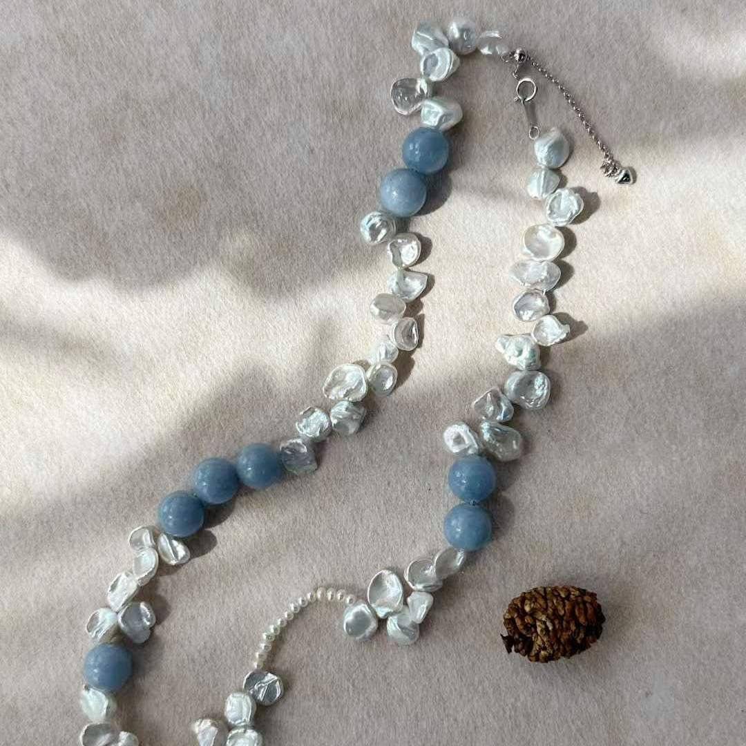 PETAL BAROQUE PEARL NECKLACE WITH PERUVIAN BLUE STONE