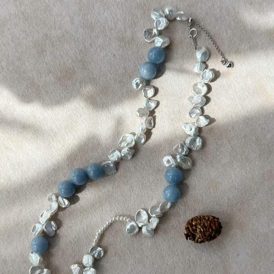 PETAL BAROQUE PEARL NECKLACE WITH PERUVIAN BLUE STONE