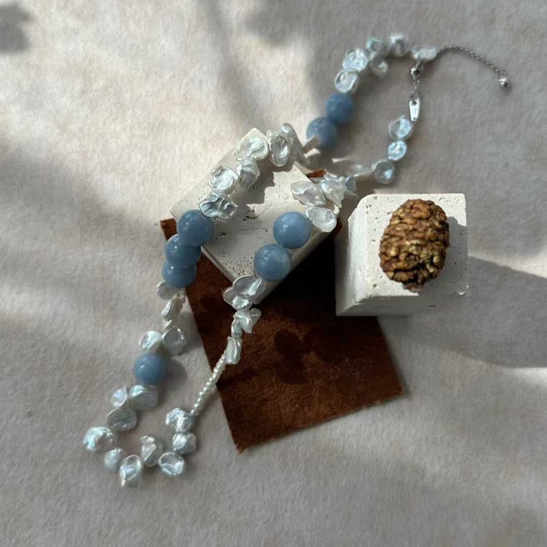 PETAL BAROQUE PEARL NECKLACE WITH PERUVIAN BLUE STONE